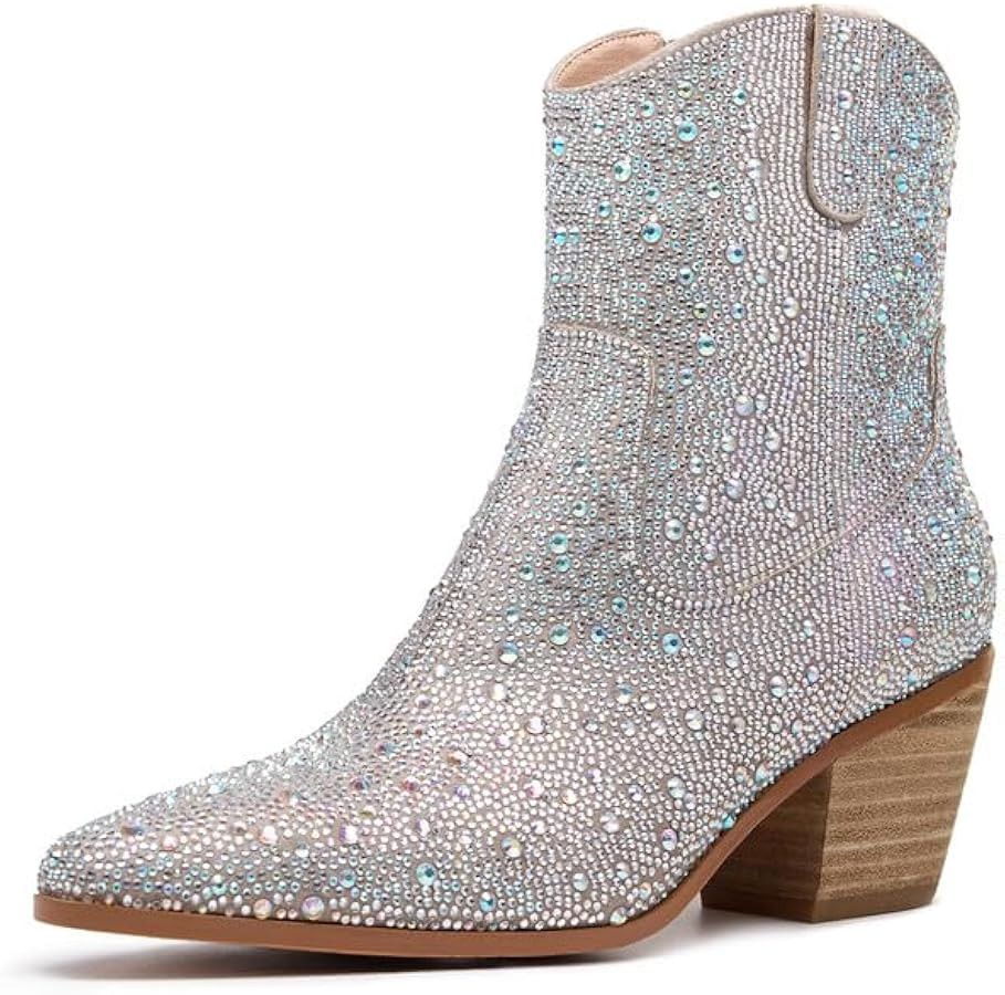 GOSERCE Rhinestone Cowboy Boots Sparkly Ankle Cowgirl Booties for Women Pointed Toe Side Zipper W... | Amazon (US)