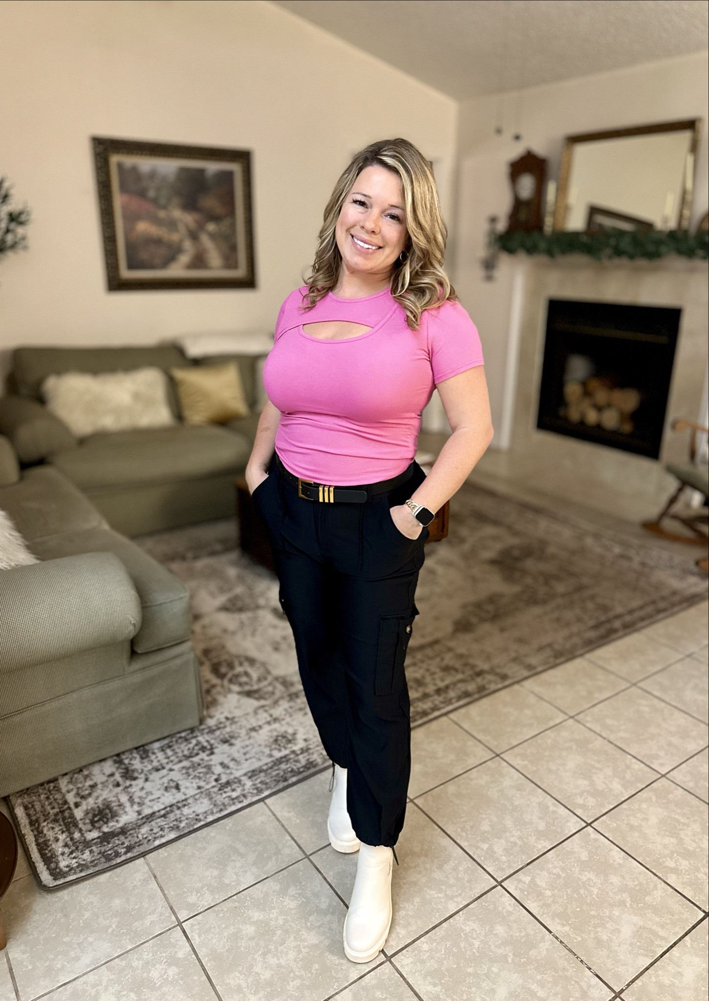 Such a fun edgy little outfit, great for traveling or a hip hop concert. I love the color of this top and the baggy stretchy fit of these pants. I have a hard time finding pants that aren’t jeans or leggings but these were a huge win for my midsize 5 foot 4 Apple body shape.

Apple shape
Cargo pants
Baggy pants
Crop top outfit
Stretchy material outfit 
Chunky boot outfit 

#LTKFindsUnder100 #LTKMidsize #LTKStyleTip