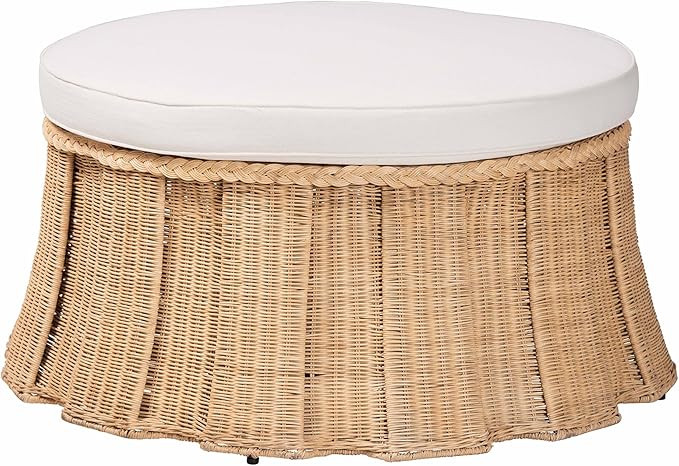 Bali & pari Ying Round Natural Rattan Ottoman with Cushion - Handwoven Wicker Pleated Skirt Accen... | Amazon (US)