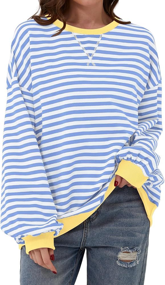 Women Oversized Striped Long Sleeve Sweatshirt Casual Crew Neck Drop Shoulder Relaxed Fit Pullove... | Amazon (US)
