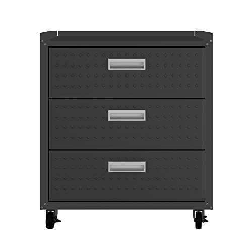 Manhattan Comfort Fortress 31.5-Inch Rolling Garage Tool Chest, 3-Drawer Lockable Mobile Storage Cabinet, Diamond-Textured Steel Utility Organizer with Wheels for Basement, Workshop in Charcoal Grey | Amazon (US)