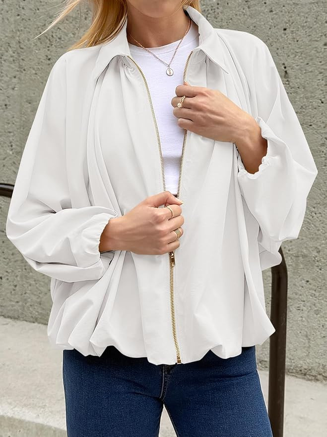 Tankaneo Womens Bomber Jackets Oversized Batwing Sleeve Zip Up Puffed Jacket Lapel Collar Pleated... | Amazon (US)