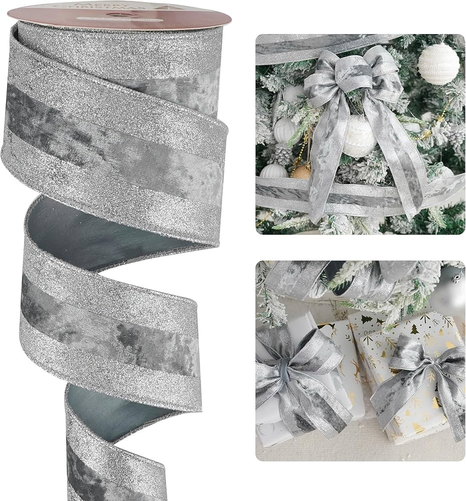 HUIHUANG Silver Wired Ribbon with Glitter Stripe 2.5 inch Silver Velvet Christmas Ribbon for Tree... | Amazon (US)