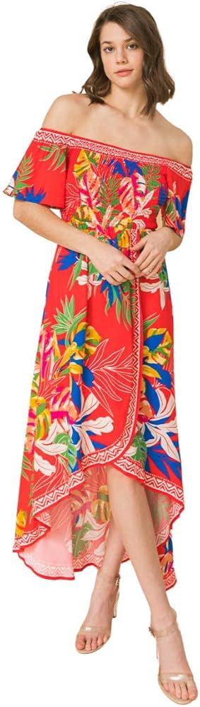 Bohemian Off Shoulder Maxi Dress - Hi Low Hem Tropical Floral Smocked Dress | Amazon (US)