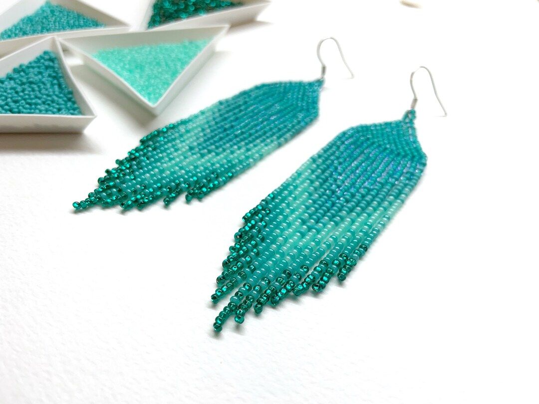 Turquoise Beaded Earrings Long Fringe Earrings Dangle Earrings - Etsy | Etsy (US)