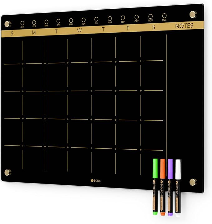 Black Glass Golden Monthly Dry Erase Calendar Whiteboard for Wall, 17" x 23", Frameless Large Pla... | Amazon (US)