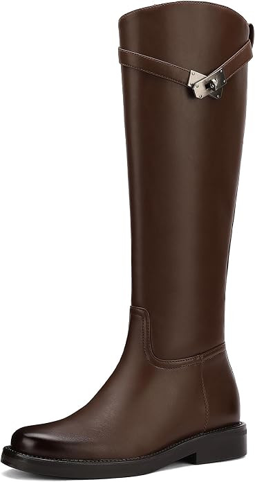 Knee High Boots Women | Tall Riding Faux Leather Low Heel Boots | Round Toe Pull On Wide Calf wit... | Amazon (US)