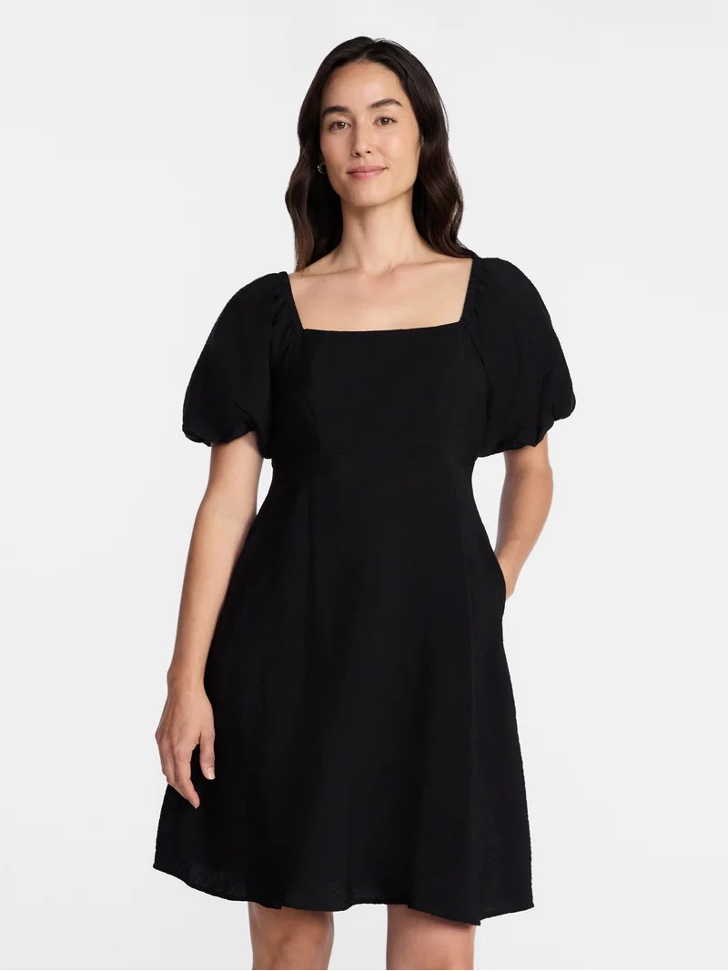 Time and Tru Women's Airflow Mini Dress with Puff Sleeves, Sizes XS-XXXL | Walmart (US)