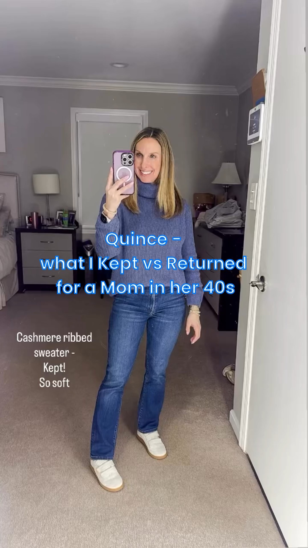 Quince try on - what I kept vs returned 

Bella relaxed straight leg - sized up to 27. Returned because I ordered too short of a length. Could be good
Bella stretch barrel leg - Returned. Size 27. Just didn’t work on me as petite and only 1 length available 
Mongolian cashmere sweater, navy, size XS - Returned  BUT liked! Very soft and cozy. Only returned because I forgot I owned navy cashmere crewneck. Try it!
Mongolian Gray cashmere turtleneck, size small - returned! Didn’t like the fit but soft
Mongolian Blue cashmere fisherman turtleneck,
XS - kept! Soft cozy
Ivory cashmere cotton crewneck, size small - kept! I got back in fall, it’s blend and is a great basic
Mongolian Cashmere wrap - kept! Soft and great for multiple uses like as a scarf 
Black cashmere bowtneck, size XS - great option for multiple ways to wear (I wore for date night), a little thinner
Black cashmere oversized crewneck, size small - great option for the price 

#onequince #quinceclothing #styleover40