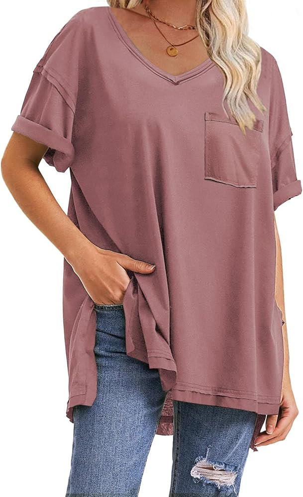 EXLURA Womens 2024 Summer Oversized T Shirts Loose Fit Short Sleeve V Neck Tops Athletic Workout ... | Amazon (US)