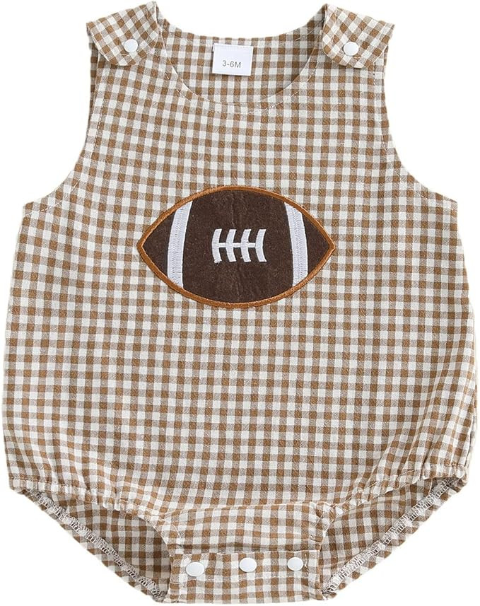 Newborn Baby Boy Football Outfit Rugby Embroidery Sleeveless Bubble Romper Seersucker Stripe Body... | Amazon (US)