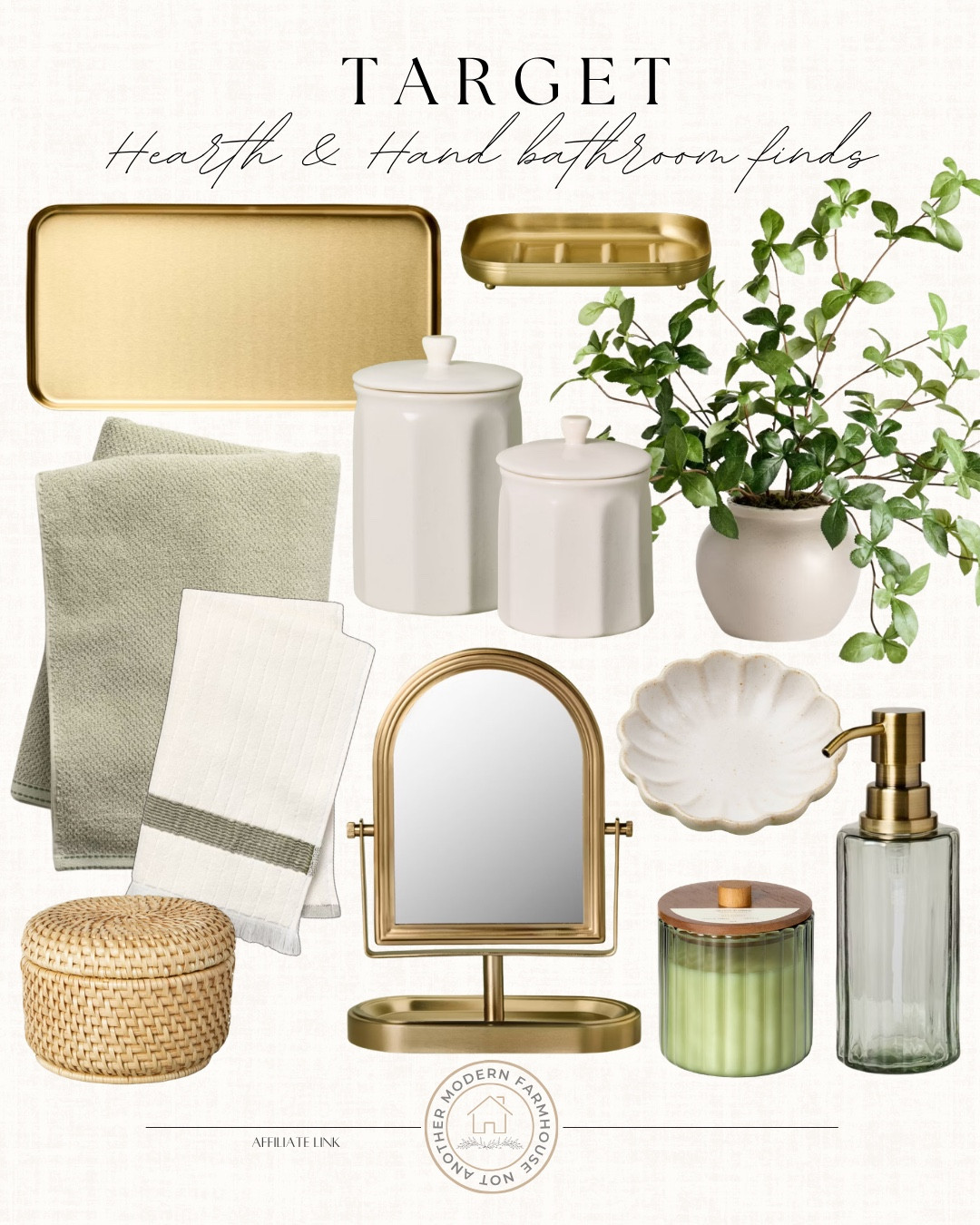 Target bathroom finds include small rattan canister, hand towel, bath towel, candle, soap dispenser, mirror, trinket tray, canisters, faux plant, soap dish, and gold tray. 

Home decor, neutral home, neutral bathroom, bathroom decor, looks for less

#LTKSaleAlert #LTKHome #LTKSeasonal