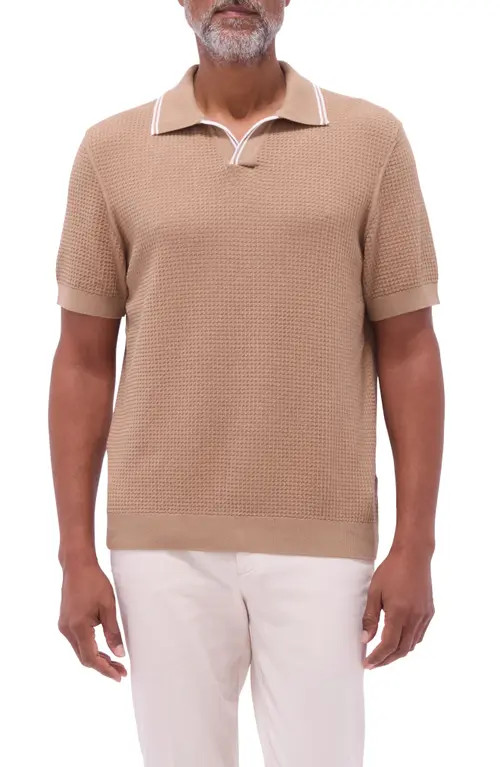 Bugatchi Tipped Johnny Collar Short Sleeve Sweater in Camel at Nordstrom, Size Large | Nordstrom