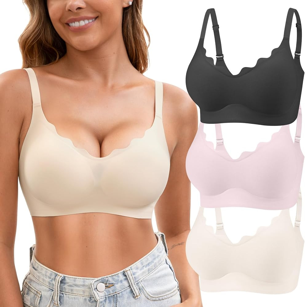 Jasmolly Womens Seamless T-Shirt Bras 3 Pack Wireless Comfy Jelly Bra, Full Coverage Bralette No ... | Amazon (US)