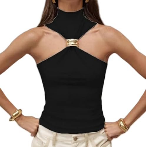 Women Halter Top Twist Front Sexy Ring Pleated Tank Top Turtleneck Dressy Sleeveless Summer Vest Streetwear (Black, S) | Amazon (US)