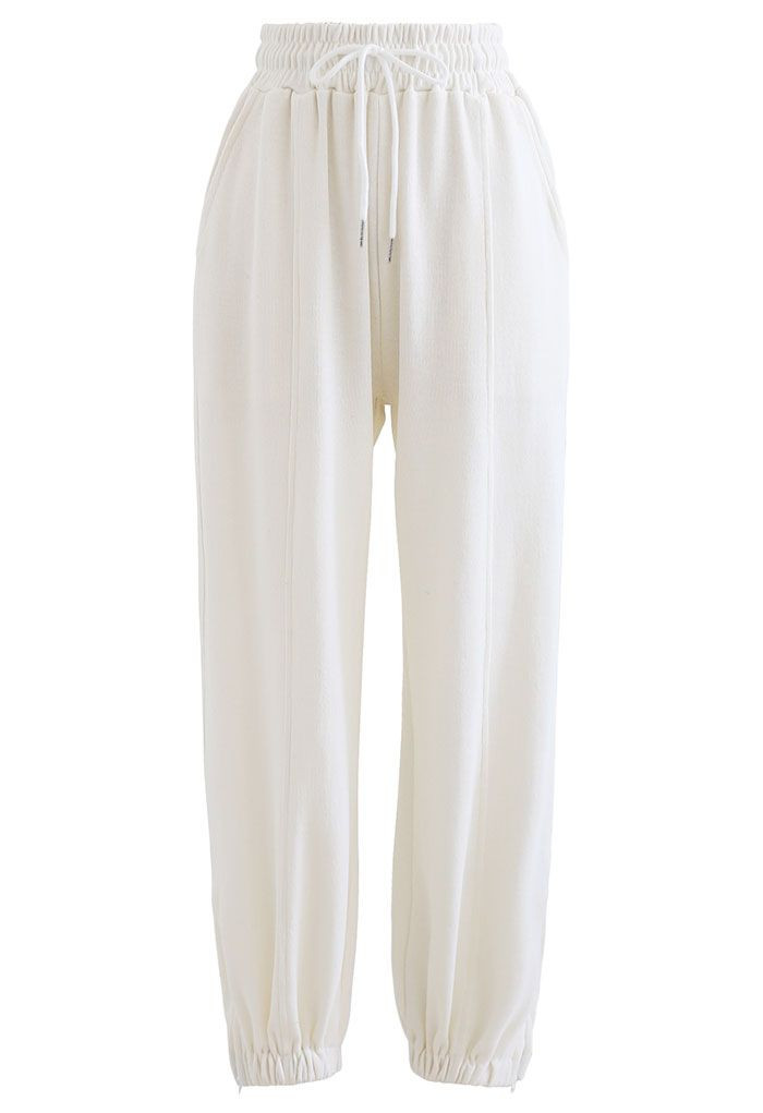 Drawstring Tapered Joggers in White | Chicwish