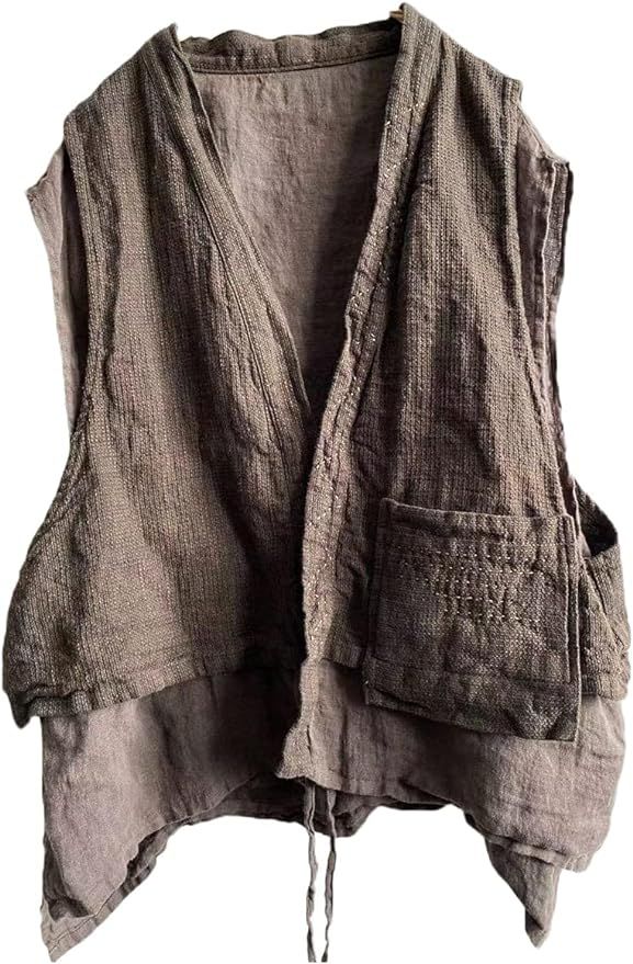 NFYM Women's Linen Vest Sleeveless Open Front Kimono Cardigan Hippie Vintage Waistcoat with Pocke... | Amazon (US)