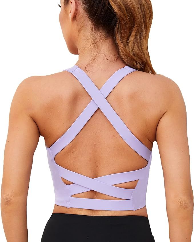 V Neck Sports Bras for Women Longline Wirefree Padded Camisole Yoga Bra Medium Support Workout Cr... | Amazon (US)