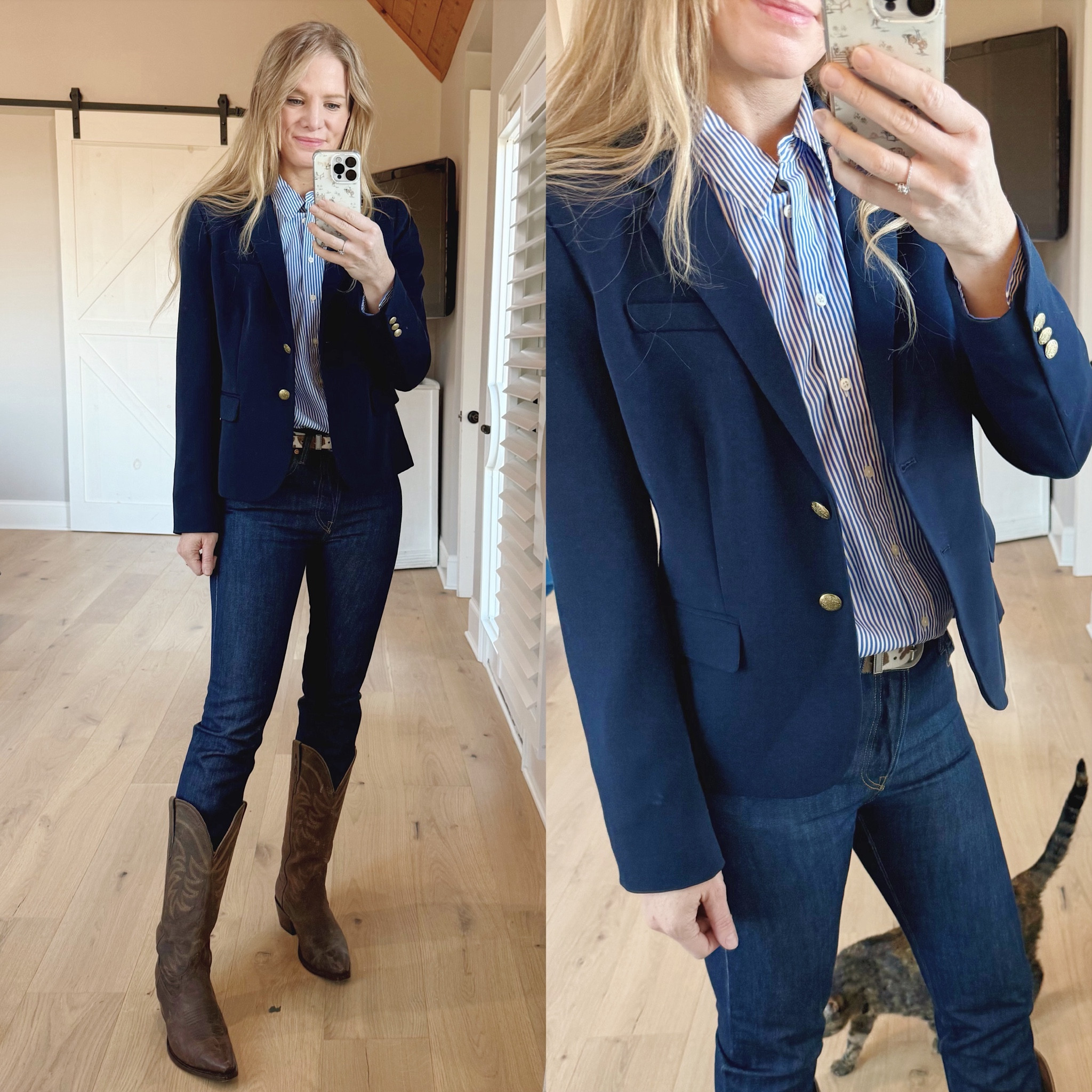Blazer and jeans outfit 

Size reference 5’ 9” 140 lbs

Navy blazer - 8

Striped button up shirt - 8
(Polo Ralph Lauren)

Dark wash jeans - 27 x 32

Brown boots - sized up 1/2 size 


🔍dressy jeans outfit. Classic style outfits. Dressy cowboy boots outfits. Blazer outfits. J.crew blazers. Classy western outfits 

#LTKSaleAlert #LTKFindsUnder100 #LTKFindsUnder50