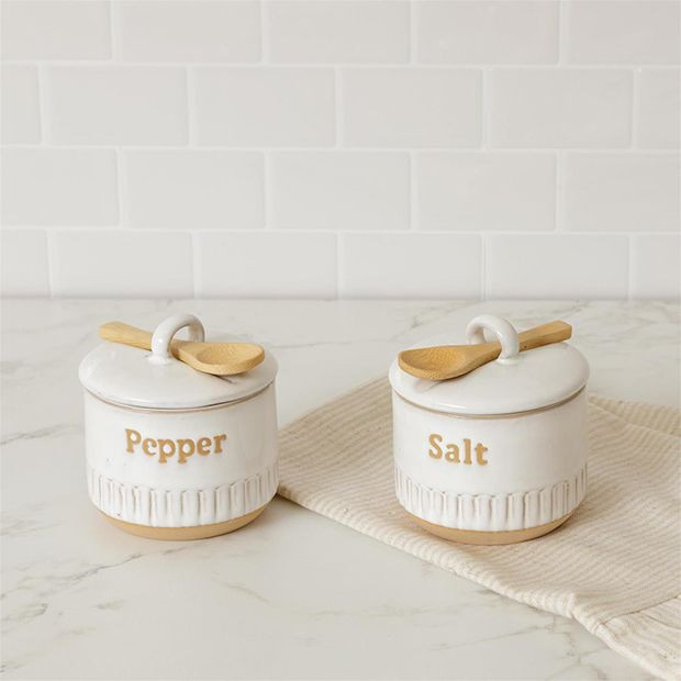 Stoneware Salt and Pepper Cellar Set With Spoons | Antique Farm House