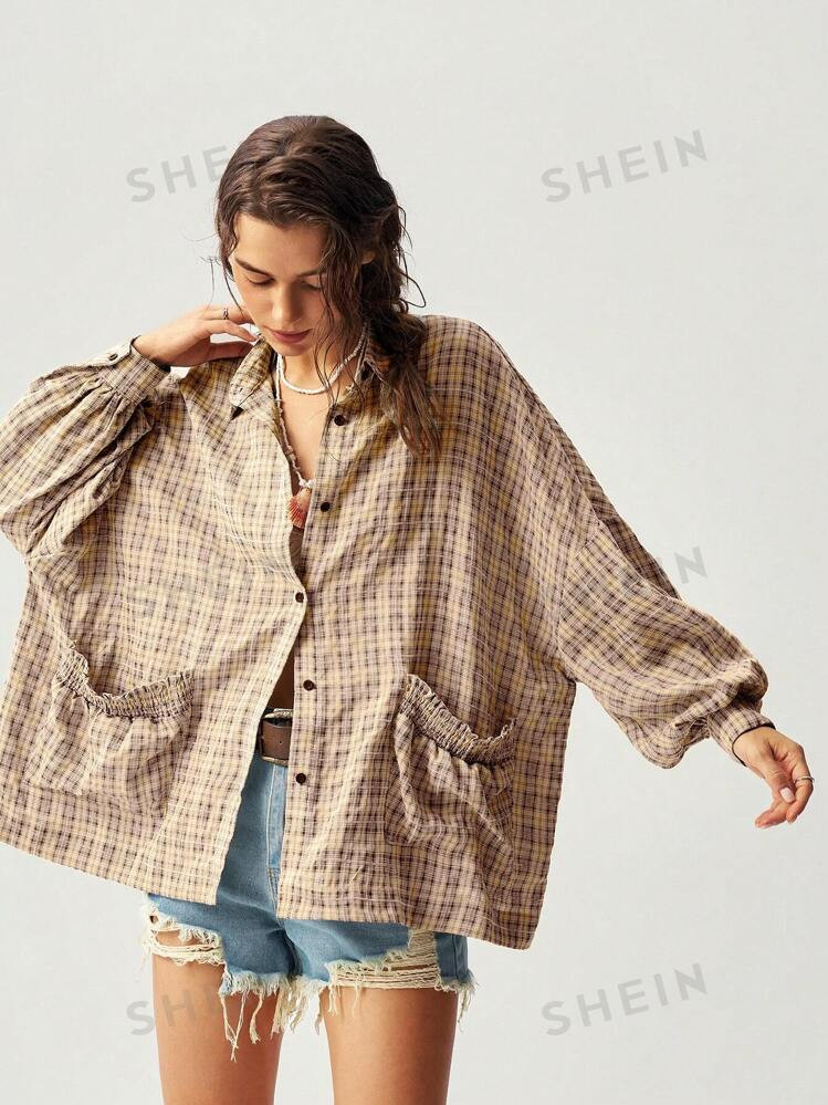 Bohemela Women's Casual Vacation Plaid Pattern Patchwork Pocket Shirt, Spring & Autumn | SHEIN