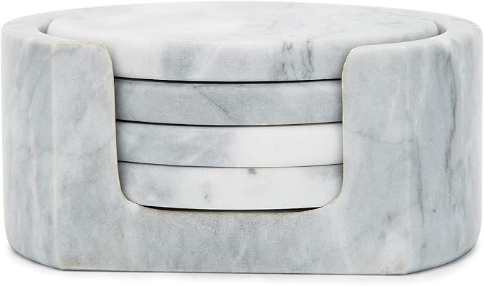 Fox Run Natural Polished Marble Stone, 4 Coasters With Holder, White | Amazon (US)