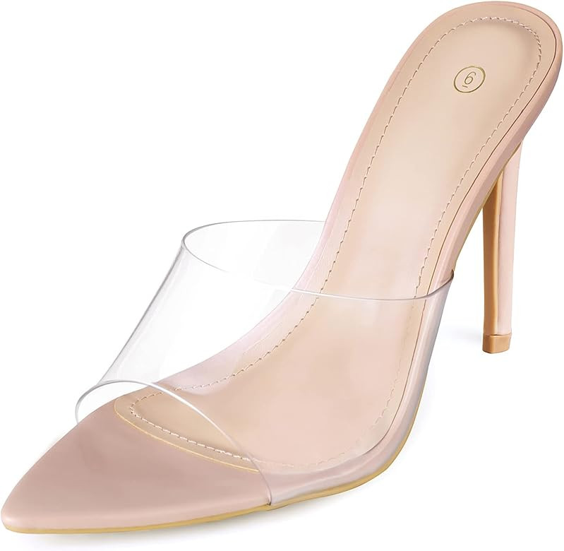 mysoft Women's Pointed Toe Clear Stilettos Transparent Strap Slip On High Heeled Mules | Amazon (US)