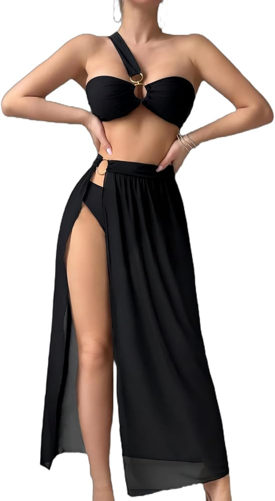 Cerdexon Women's 3 Piece Bathing Suits One Shoulder Bikini Set with Cover Up Skirts | Amazon (US)