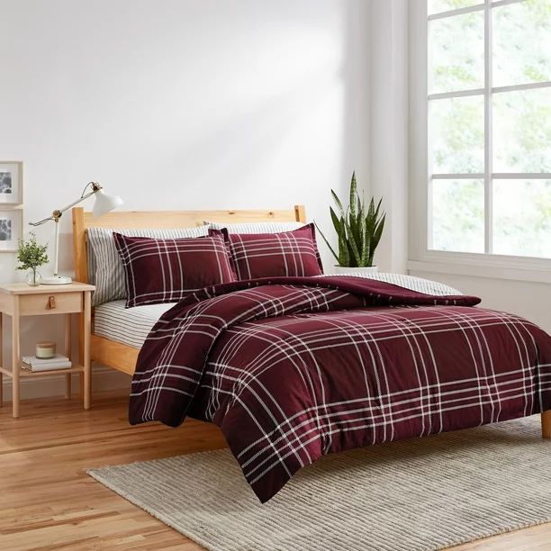 Gap Home Tonal Plaid Flannel Organic Cotton Comforter Set, Full/Queen, Berry, 3-Pieces - Walmart.... | Walmart (US)