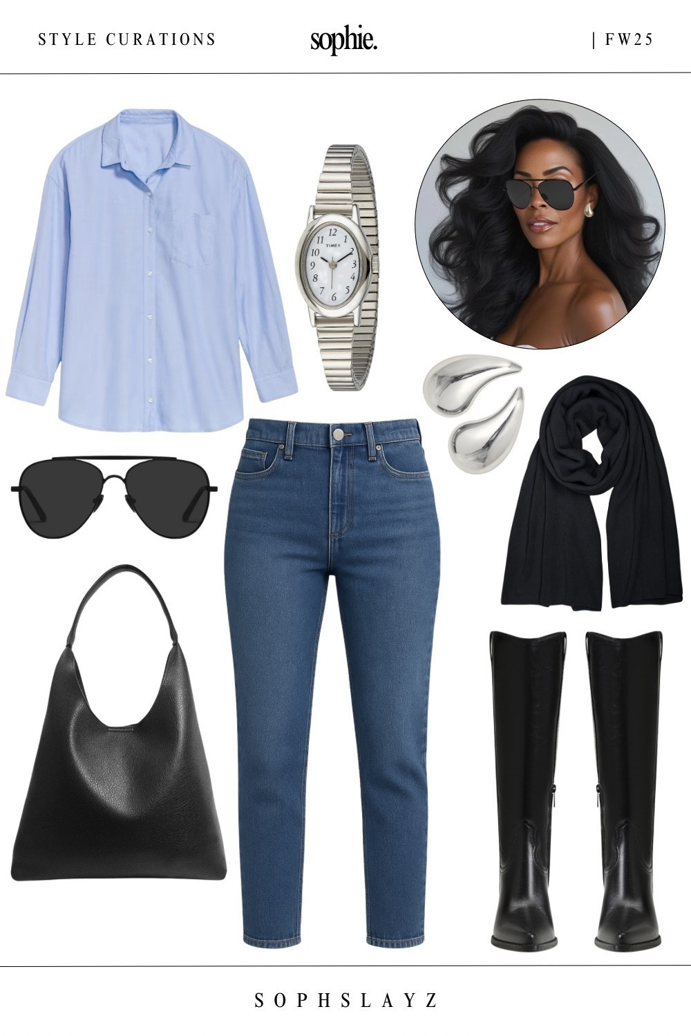 Styled basics: crisp blue button down shirt, high waisted mom jeans, an oversized scarf, and faux leather shoulder bag. A go-to for shopping days, casual dinners, or travel. Jeans also available in tall!
🔎 fall capsule outfit, fall outfits,, fall casual outfit, leather knee boots, FW25 lookbook, tall outfit, tall jeans

#LTKStyleTip