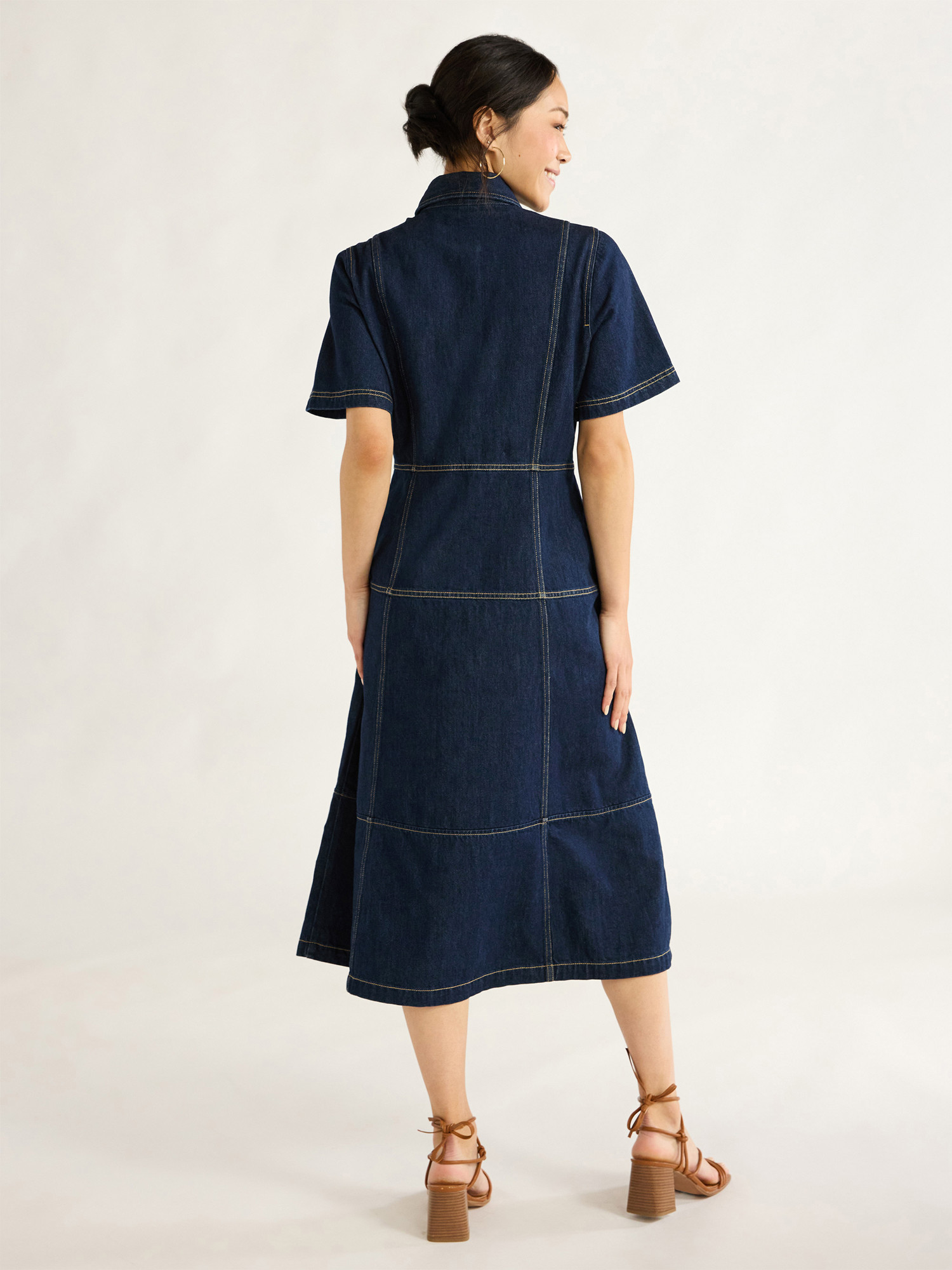 Free Assembly Women's Button Front Cotton Midi Dress with Short Sleeves, XS-XXL - Walmart.com | Walmart (US)