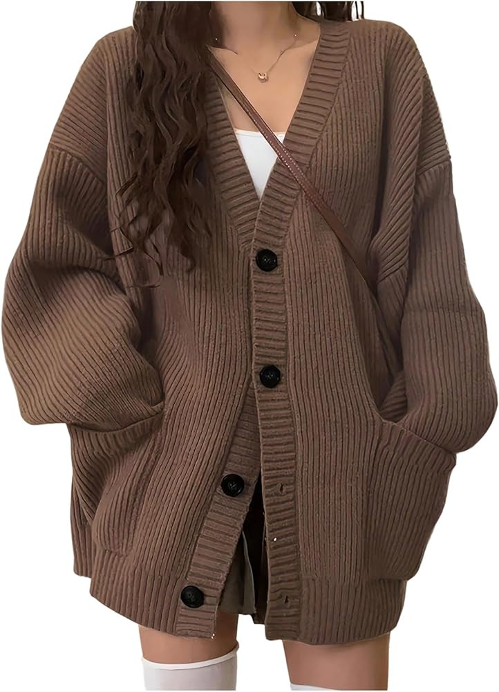 SHENHE Women's Oversized Cardigan Sweater Ribbed Button Down V Neck Knit Outerwear with Pockets | Amazon (US)