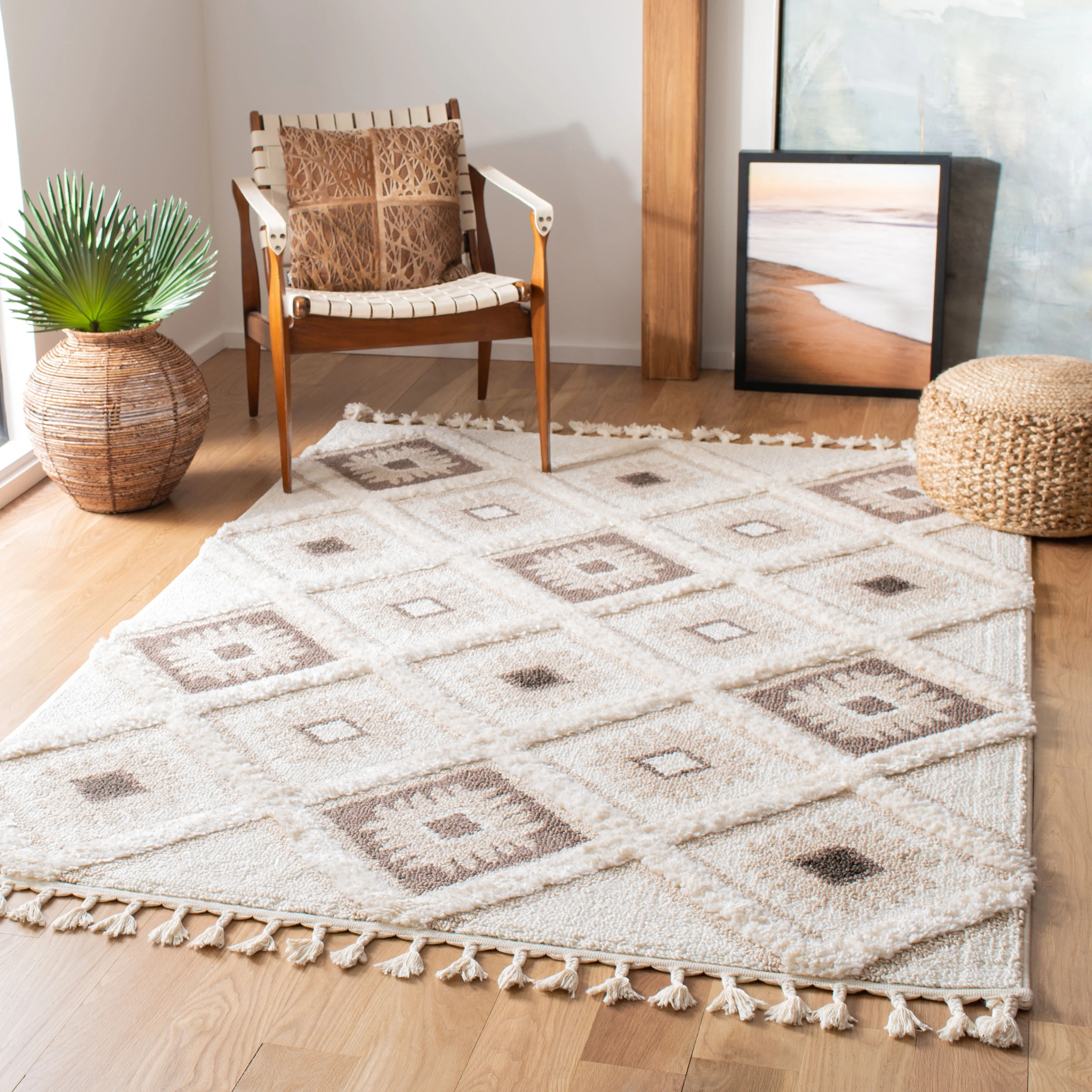 SAFAVIEH Moroccan Tassel Shag Elsie Moroccan Geometric Area Rug, Ivory/Brown, 5'3" x 7'6" - Walma... | Walmart (US)