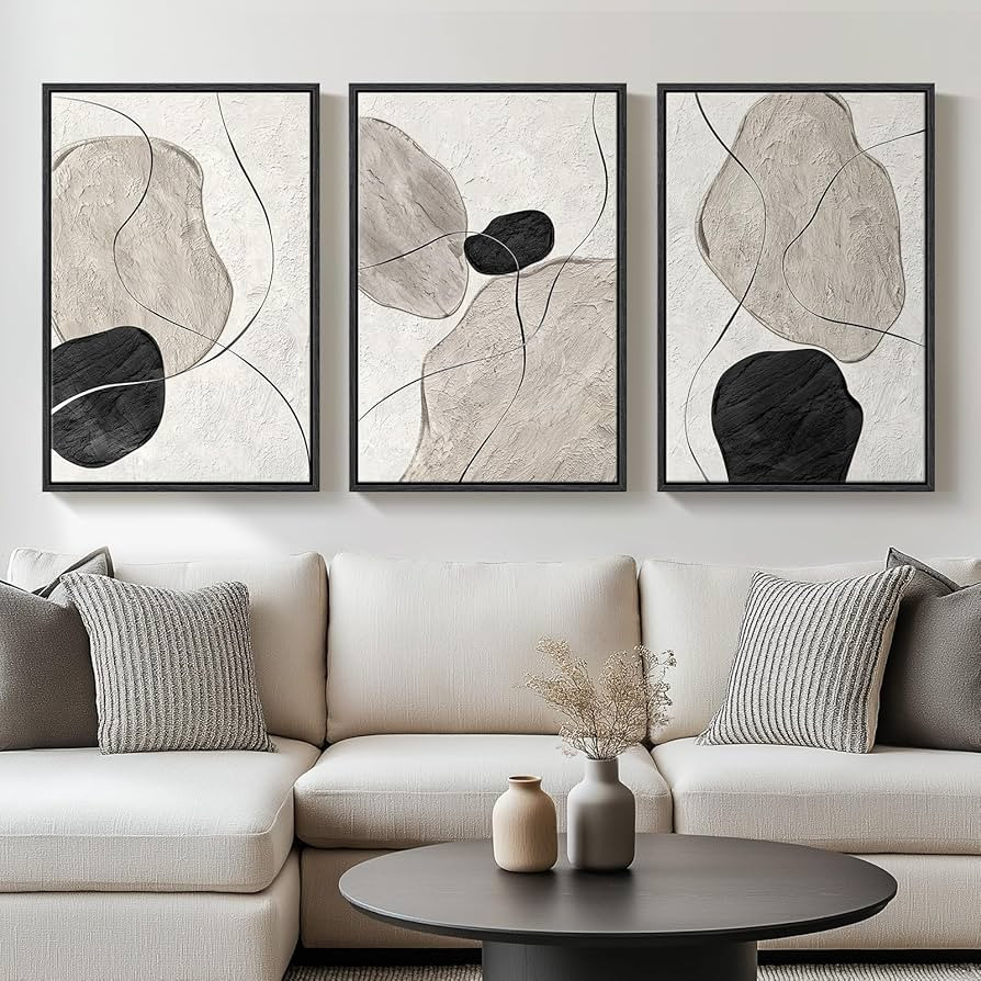 Framed Black and White Abstract Wall Art for Living Room, Large 3 Piece Neutral Minimalist Canvas... | Amazon (US)