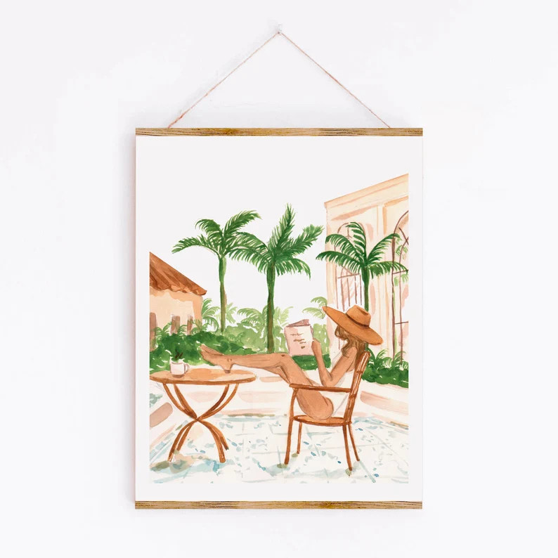 Vacation Mode II Art Print, Watercolour Resort Fashion Painting Palm Trees Vacay, Woman Reading B... | Etsy (US)