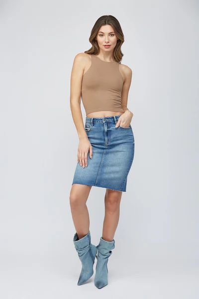 [PEYTON] MEDIUM WASH HIGH WAISTED MIDI PENCIL SKIRT | Hidden Jeans