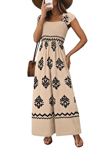 Happy Sailed Jumpsuit for Women Dressy Casual Spring Summer Square Neck Short Sleeve Graphic Printed Boho Jumpsuits Baggy Overalls Wide Leg Long Pants Rompers Beach Outfits 2025 Apricot Medium | Amazon (US)