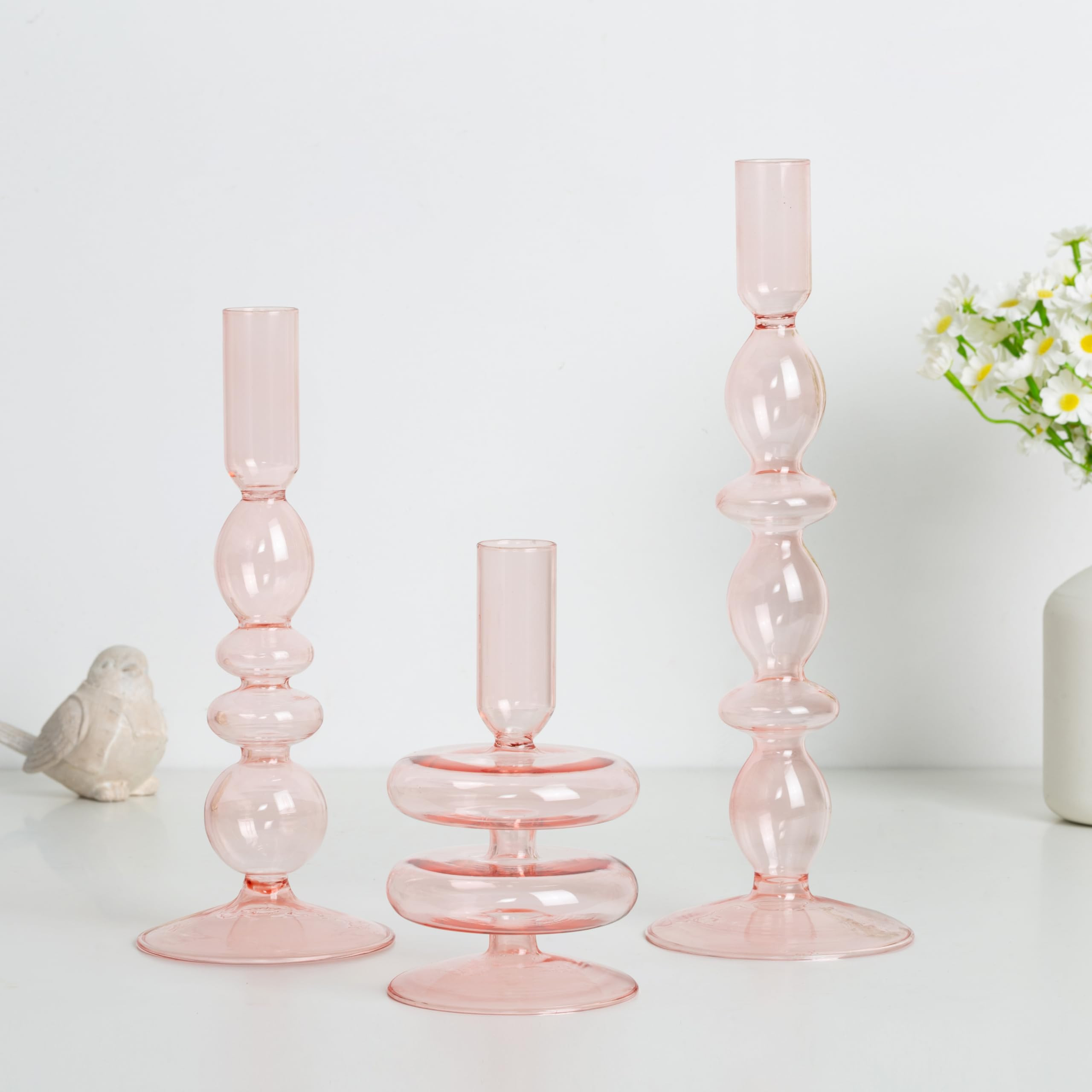 Hewory Glass Candlestick Holders: Pink Glass Taper Candle Holders Set of 3 Vintage Candle Stick C... | Amazon (US)
