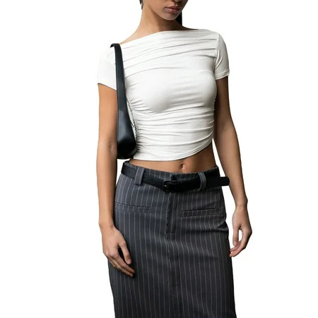 Women Short Sleeve Crop T-Shirts Asymmetrical Ruched Off-Shoulder Tops | Walmart (US)
