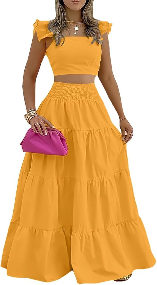 Rooscier Women's 2 Pcs Outfits Ruffle Sleeve Tank Top High Waist Tiered Maxi Skirt Set | Amazon (US)