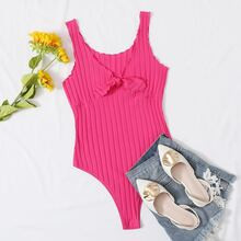 Tie Front Lettuce Edge Rib-knit Bodysuit | SHEIN