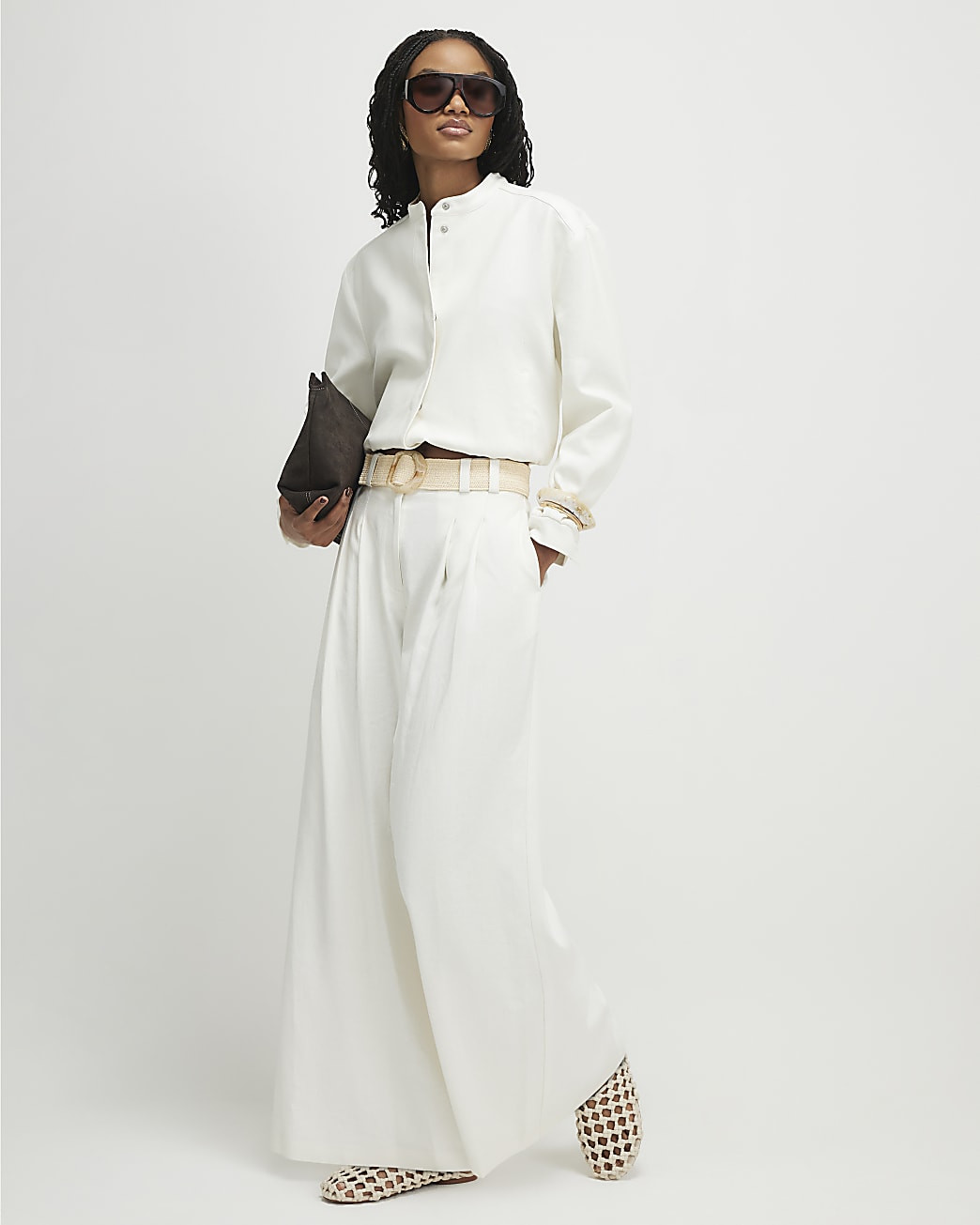 White Belted Wide Leg Trousers | River Island UK & IE