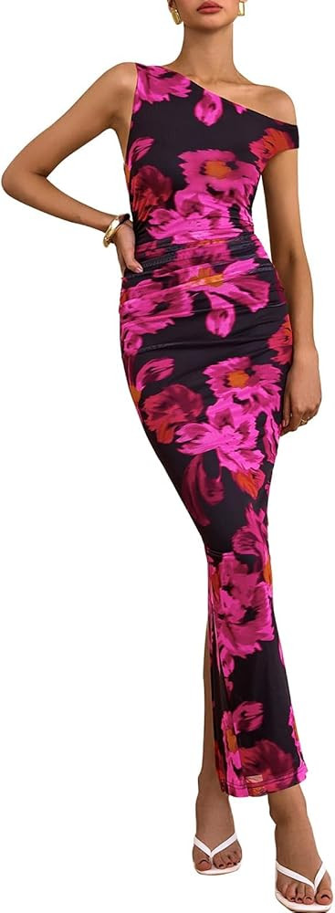 PRETTYGARDEN Women's 2026 Summer Floral One Shoulder Maxi Dress Wedding Guest Ruched Mesh Bodycon... | Amazon (US)