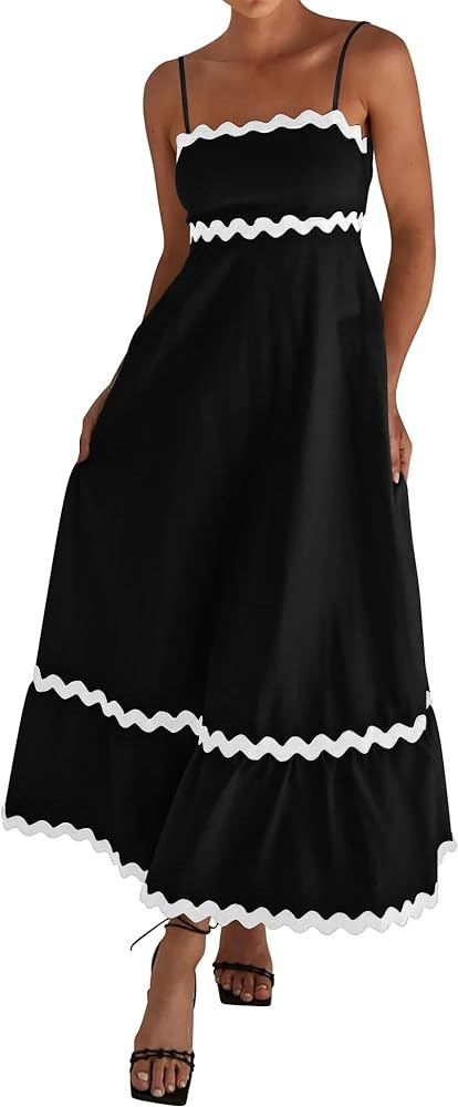 dowerme Women Summer Dresses 2024 Spaghetti Straps Sleeveless Smocked Rickrack Trim Boho Flowy Lo... | Amazon (US)