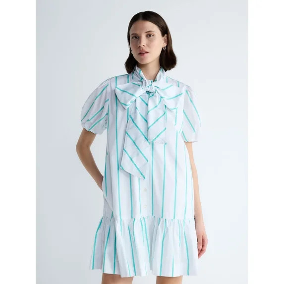 Free Assembly Women's Tie Neck Striped Cotton Mini Dress, Sizes XS-4X | Walmart (US)