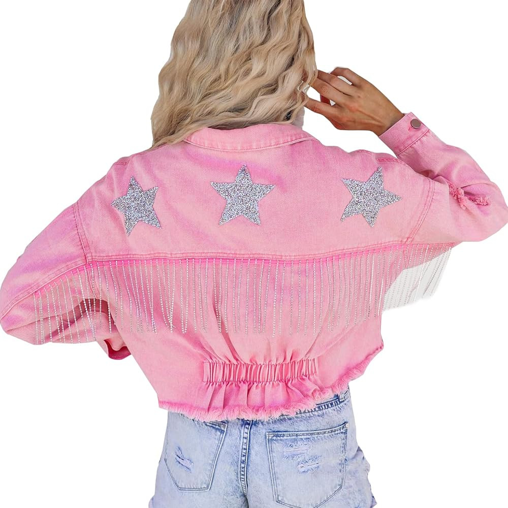 Womens Cropped Rhinestone Fringe Denim Jacket Long Sleeve Ripped Tassel Jean Coat | Amazon (US)