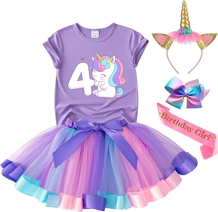 Unicorn Birthday Outfit for Girls - Shirt, Tutu Skirt Dress, Birthday Girl Crown, Hair Bow & Sati... | Amazon (US)