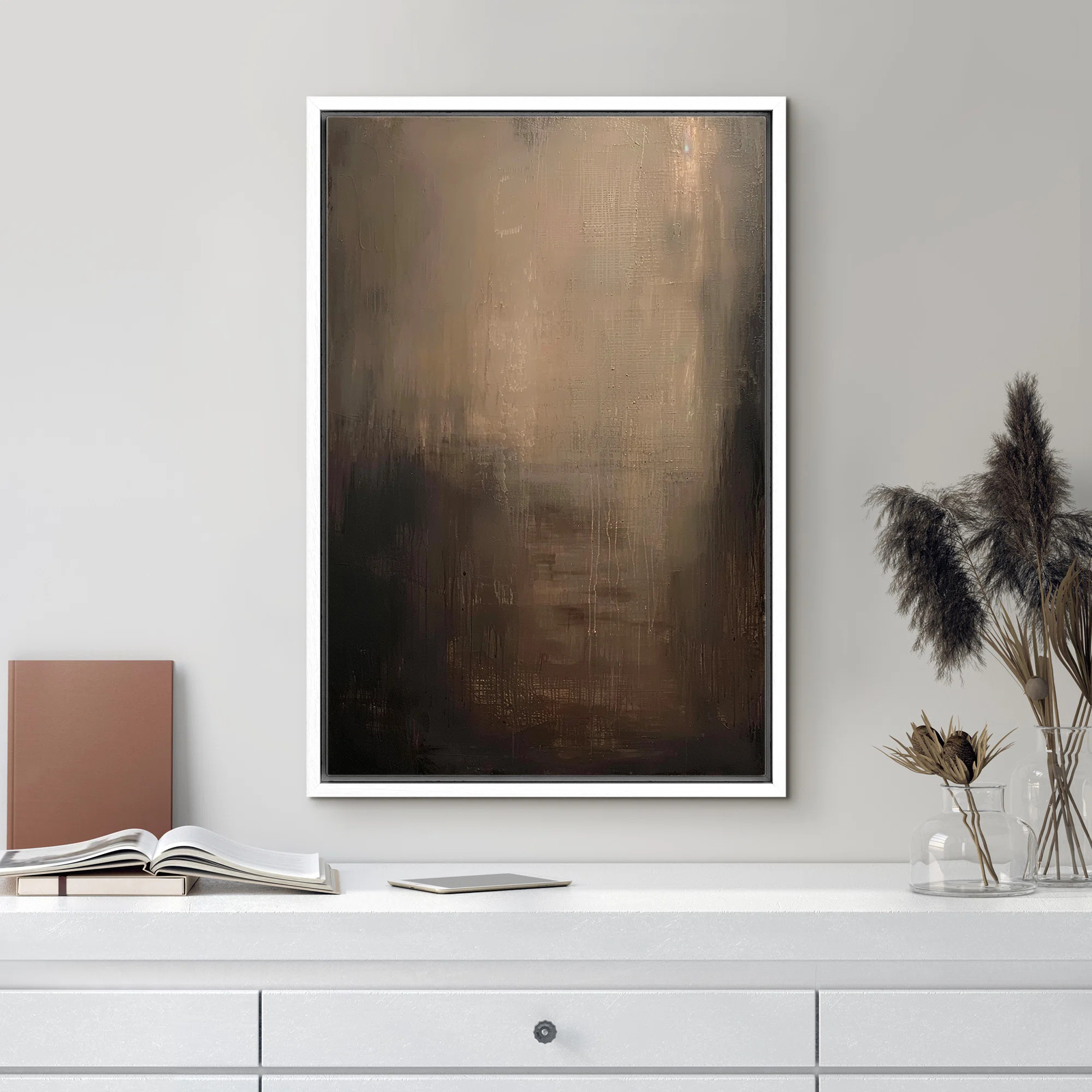 Minimal Landscape " Moody Abstract Textured Dark Brown Shades " Artwork Framed Canvas Print Wall ... | Wayfair North America