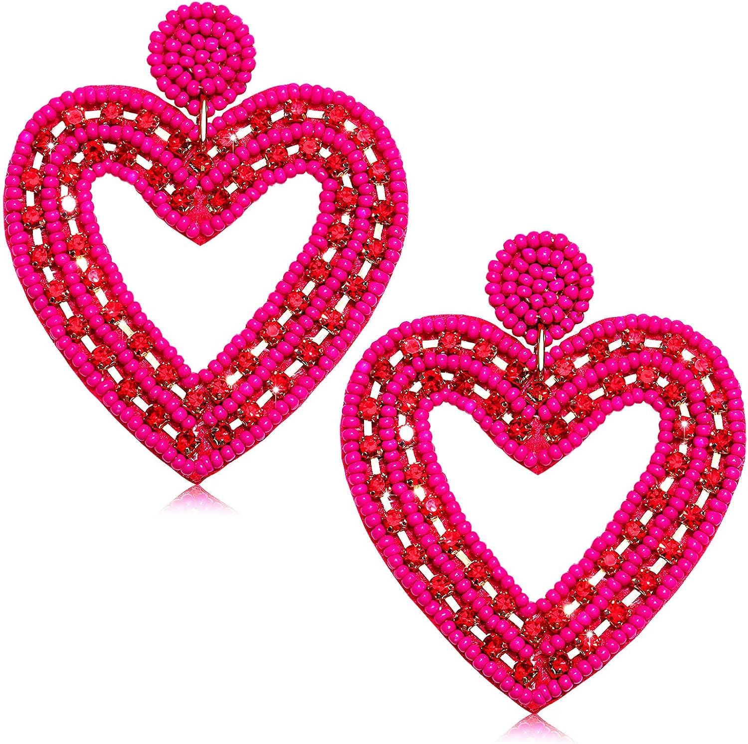 Valentine’s Heart Earrings for Women Girls Beaded Heart Dangle Earrings Romantic Rhinestone Lov... | Amazon (US)