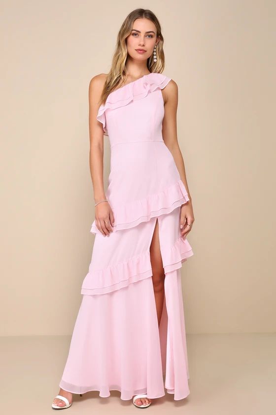 Brilliant Grace Light Pink Ruffled One-Shoulder Maxi Dress | Lulus